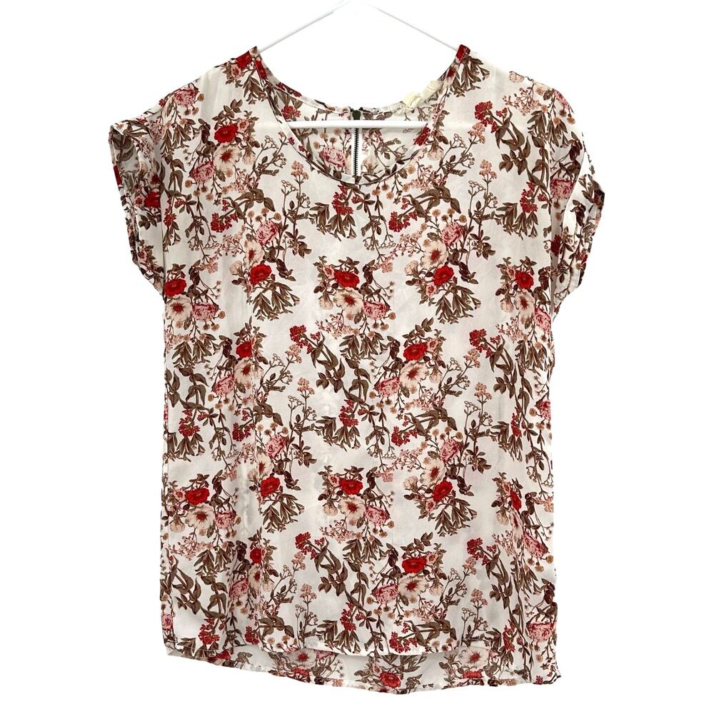 Hippie Rose Size XS Blouse White Pink Floral Short Sleeve Zip Back Cottagecore
